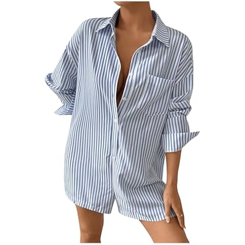 Floerns Women's Solid Button Down Long Sleeve Drop Shoulder Shirt Short Romper Light Blue Small Cover