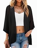 Women's Kimono Cover Ups Tops Solid Color Summer Lightweight Cardigans Beach Boho Sheer Thin Shirts Maternity Black X-Large