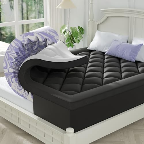Image of ChiXpace Dual Layer 4 Inch Memory Foam Mattress Topper Queen - 2 Inch Gel Memory Foam and 2 Inch Pillow Top Mattress Pad, 7-Zone Egg Crate Queen Size Mattress Topper (Black-White)