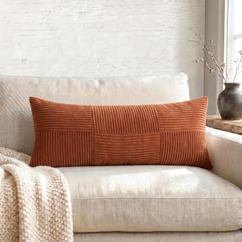 Image of Fancy Homi Set of 2 Rust Boho Long Lumbar Body Decorative Throw Pillow Cover 14x36 Inch for Bed Couch Bedroom Bench, Soft Patchwork Corduroy Textured Pillow Case, Rustic Farmhouse Room Decor