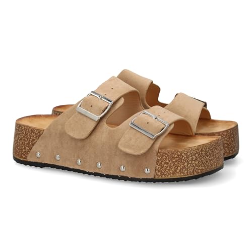 94412 Sandalia de Plataforma para Mujer, Comodas y Elegantes, con Planta Anatomica, diseno moderno con detalles metalicos y Cierre de Hebillas, Ideales para Primavera Verano. Kaki Talla 39