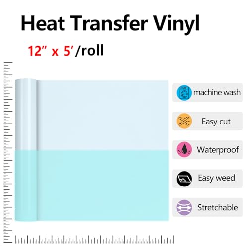 Image of HTVVETUR Glow in The Dark HTV Heat Transfer Vinyl Roll 12 Inch by 5 Feet Iron on DIY for T-Shirt PU Stretch Elastic HTV Vinyl (Dark in Glow Light Blue, 5FT)