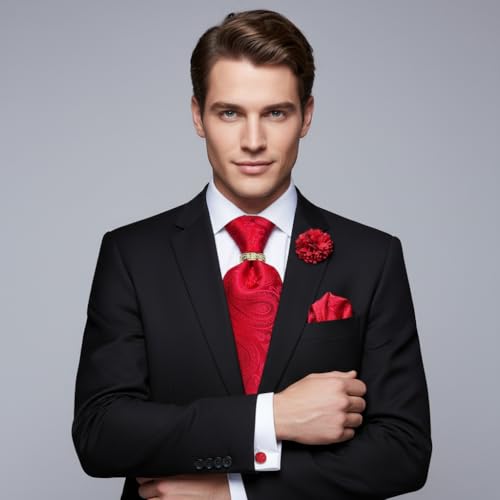 Image of 5PCS Tie and Pocket Square for Men, Silk Necktie and Handkerchief Cufflinks with Gold Ring and Lapel Pin Set
