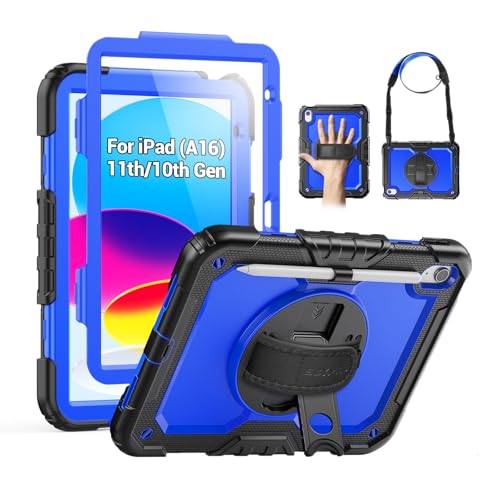 SEYMAC Case for iPad (A16) 11th/10th Generation 2025/2022 (11″/10.9″), Heavy Duty Full-Body Shockproof Protective Case with Screen Protector, Rotating Stand, Hand/Shoulder Strap, Black/Dark Blue