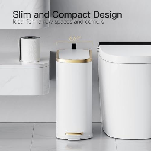 Image of CEROELDA Small Bathroom Trash Can with Lid-10L /2.6 Gal-Soft Close Lid-White