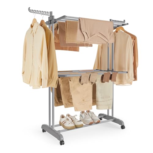 SONGMICS Wäscheständer, Standtrockner 3 Ebenen, Flügelwäscheständer, klappbare Flügel, mit Rollen, 63,5 x 125,5 x 148 cm, groß, einfacher Aufbau, für Innen- und Außenbereich, Taubengrau LLR702G01 SONGMICS Wäscheständer, Standtrockner 3 Ebenen, Flügelwäscheständer, klappbare Flügel, mit Rollen, 63,5 x 125,5 x 148 cm, groß, einfacher Aufbau, für Innen- und Außenbereich, Taubengrau LLR702G01