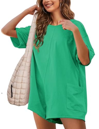 TAQCUX Rompers for Women Athletic Workout Hot Shot Tee Romper Casual Oversized Jumpsuits Overalls(Green-L)