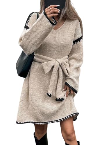 CHARTOU Causal Loose Straight Fit Sweater Dress for Women Fall 2025 Outfit Contrast Jumper Knit Sweater with Belt