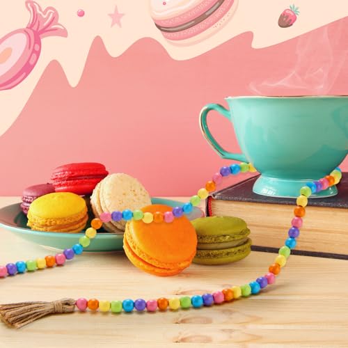 Image of Equsion Wooden Bead Garland with Tassels, Extra Long Fireplace Wood Bead Garlands Rustic Farmhouse Vintage Boho Beads Garland for Party Home Decor Tiered Tray Decorative Beads(Ice Cream Color)