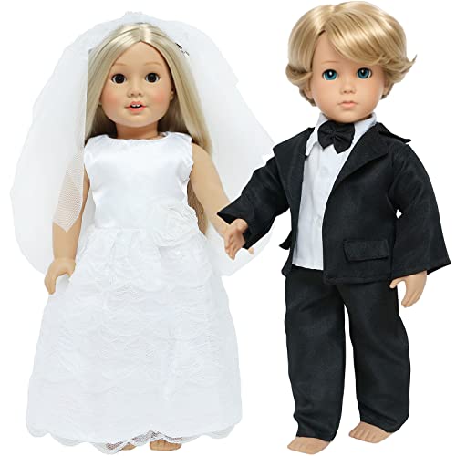 18 Inch Doll Clothes Accessories Wedding Set Bride Wedding Dress and Groom Suit Outfit Veil Bow Tie for American 18 Inch Doll Girl Boy Ball Party