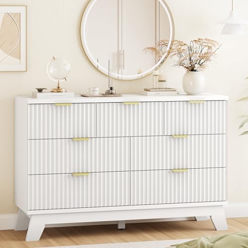 Image of Xixini Fluted Dresser for Bedroom with 7 Drawers, 48 inch Wide Modern Chest of Drawers with Metal Handle, Wooden Dresser TV Stand, Wood Closet Clothes Storage Organizer for Living Room, Hallway, White