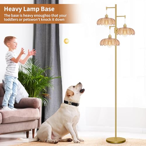 Image of Gold Floor Lamps for Living Room Bedroom-3 Light Glass Floor Lamp with Three Led Bulb, Flower Tall Floor Lamp Dimmable Mid Century Modern Standing Lamp Vintage Tree Floor Lamps for Bedroom Corner