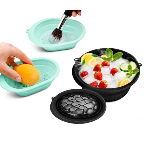 Image of MARKWELL Silicone Collapsible Face Bowl with Built-in Ice Tray, Modern Style, Round, Dishwasher Safe, for Face Bath, Soaking, Washing | BPA-Free | for Men and Women(Multicolor) (face Bowl Combo) | Foldable Face Ice Bowl & Brush Cleaner
