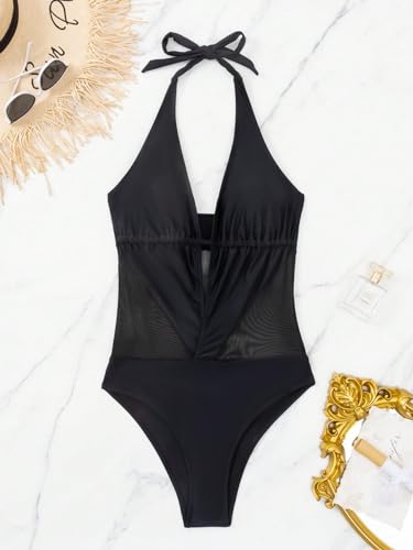 SOLY HUX Women's One Piece Swimsuits Deep V Neck Halter Mesh Monokini Bathing Suits Beachwear4