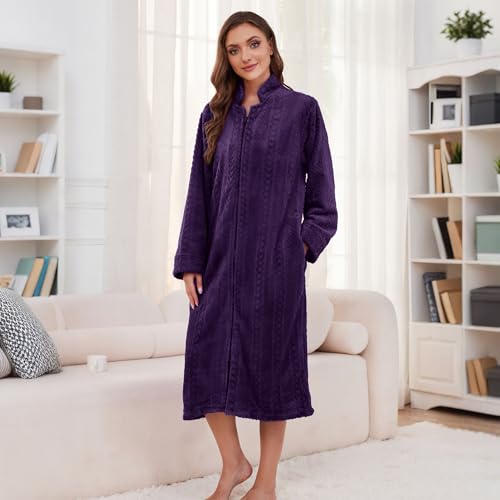 Image of LYCY Women Plush Zipper Robe, Long Fleece House Coat Nightgown with Pockets Solid Bathrobe