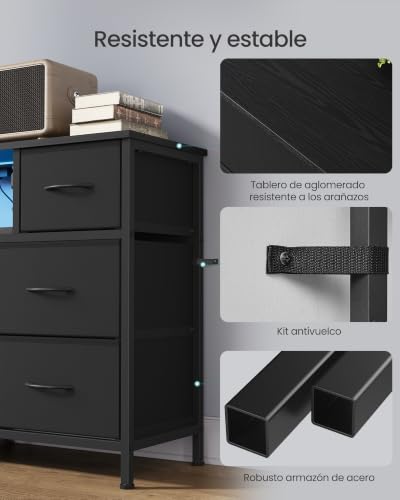 Miniatura 7 de SONGMICS Cómoda, Mueble TV con 8 Cajones de Tela, Luces LED y Enchufes, 113,8 x 30 x 68,1 cm, Negro Tinta, para Dormitorio y Salón, Colección Bellah LGS433BH02