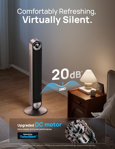 Image of DREO Tower Fan for Bedroom, 90 Oscillating Standing Fan with 28ft /s Velocity, 20dB Quiet for Sleep, DC Motor, 9 Speeds, 4 Modes, 12H Timer, Voice & APP & Remote Control, Starlight