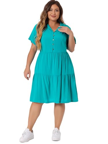 Image of Agnes Orinda Plus Size Chambray Dress for Women Short Sleeve Button Down Flowy Tiered Shirt Dresses