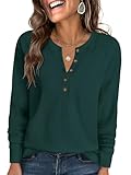 ANRABESS Women's Long Sleeve Waffle Knit Shirts Dressy Casual Loose Button Up V Neck Henley Tops 2026 Fall Basic Tee Blouse Deep Green Large