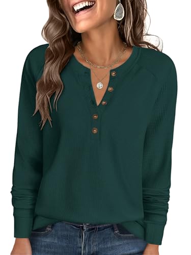 ANRABESS Women's Long Sleeve Waffle Knit Shirts Dressy Casual Loose Button Up V Neck Henley Tops 2026 Fall Basic Tee Blouse Deep Green Large