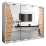 Kryspol Schwebetürenschrank Maroko 250cm mit Spiegel Kleiderschrank mit Kleiderstange und Einlegeboden Schlafzimmer- Wohnzimmerschrank Schiebetüren Modern Design (Weiß + Artisan Eiche)
