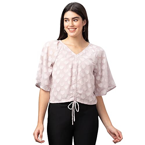 Image of Globus Women Peach Self Design V-Neck Crop Top