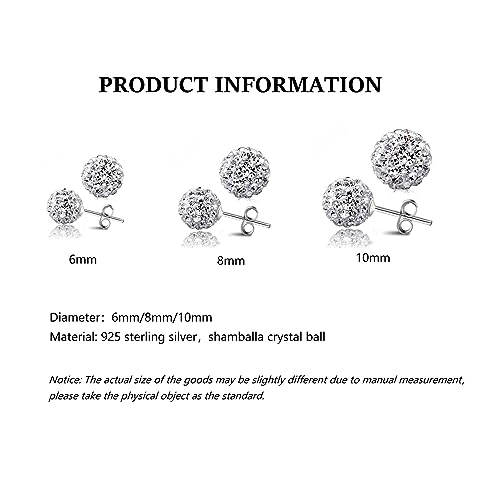 925 Sterling Silver Pave Crystal CZ Diamond Stud Earrings for Women, Sparkling Shamballa Disco Ball Stud Earrings, 6MM 8MM 10MM2