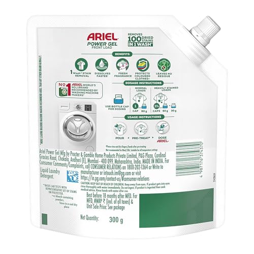Image of Ariel Power Gel Liquid Detergent for Front Load - 300g | Removes 100 Dried Stains in 1 Wash | Faster Dissolving | Long-Lasting Fragrance | Color Protection | At the price of Powders