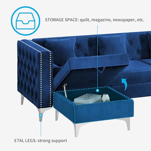 Image of 3 Seater Chesterfield Sofa with Chaise Lounge, Couches for Living Room, L-Shaped Couch with Storage Ottoman, Sectional Couch for Small Living Room, ((Velvet Blue)