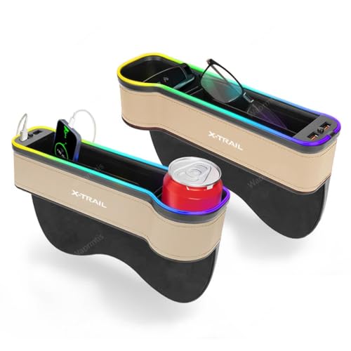 エクストレイル 収納ボックス サイド収納ケース ソートポケット 車用サイド収納ボックスシートポケット エクストレイル T33系 T32系 車内インテリアセット 七色 雰囲気ライト デュアルUSBポート スーパー急速充電器(ベージュ,運転席用と助手席用/2個