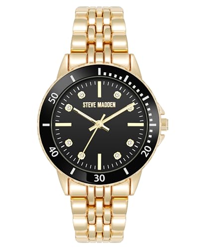 ¡Reloj de Vestir Steve Madden! Esfera negra brillante, manecillas doradas y pulsera ajustable. ¡Oferta exclusiva!