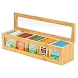 DEXLALA Wooden Tea Bag Organizer,Bamboo Tea Box with 5 Compartments,Acrylic Window and Magnetic Lid,Countertop Divided Tea Storage Container,Tea Bag Holder for Tea,Sugar Packets