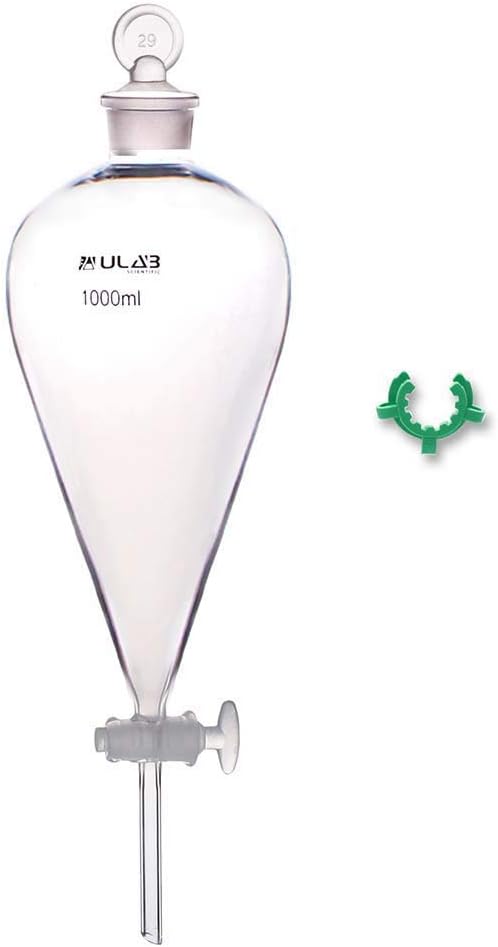 ULAB 1 Pc 1000ml Glass Separatory Funnel and Standard Taper for Joints 24/29, Heavy Wall Separatory Funnel, Pear Shape Without Graduation, 3.3 Borosilicate Glass, UGF1012