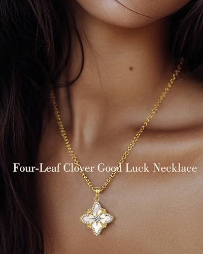 Women Four Leaf Clover Gold Necklace, 14k Gold Plated Lucky Pendant Necklace. Long Gold Necklace, Adjustable Chain 18-20 Inches. Exquisite Clover Jewelry, Vintage Jewelry for Women2