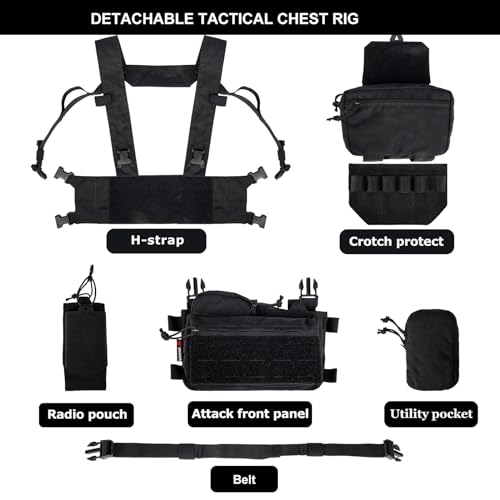 YAKEDA Tactical Chest Mini Rig Vest/Training Mini Rig Adjustable & Detachable with Wing Pouch, Dangler Pouch (Black)