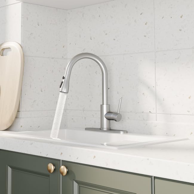 3-Way Spray Kitchen Faucet with Pull Down Sprayer, Single Handle Stainless Steel Kitchen Sink Faucet with Deck Plate for Bar Laundry RV Kitchen Sink, 1 Hole/3 Hole, 1.8gpm, Brushed Nickel