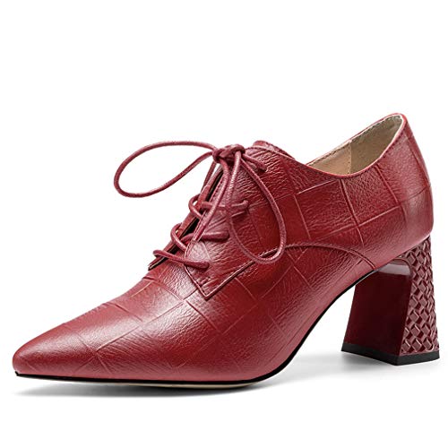 TinaCus Women's Genuine Leather Handmade Pointed Toe Mid Chunky Heel Lace Up Modern Pump Shoes with Side Zip