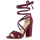 Allegra K Women's Block Heeled Lace Up Burgundy Sandals 8 M US