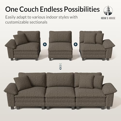 Image of HERA'S HOUSE 3-Seat L Shaped Modular Cloud Couch Sectional Sofa Ottoman | Modern 87.5 inch Couch, Smoky Grey, Wider Armrest, Comfy Deep Seat, Soft Chenille Sofa for Living Room