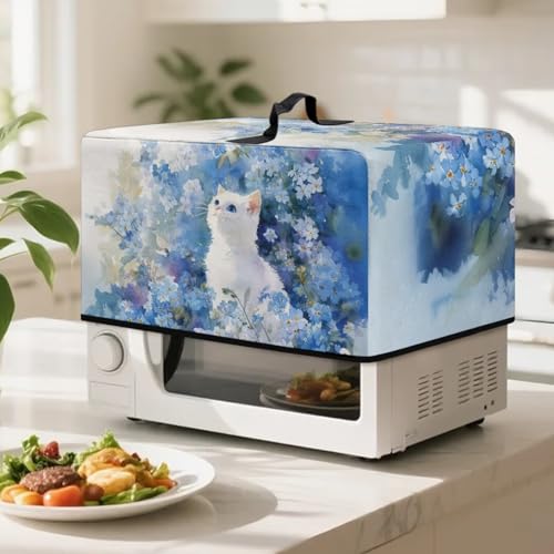 Image of Convection Oven Cover, Dust Proof Smart Microwave Oven Protector for Countertop Decorations, S, 18.25 x 14.5 x 11 Inches, White Cat Blue Flower