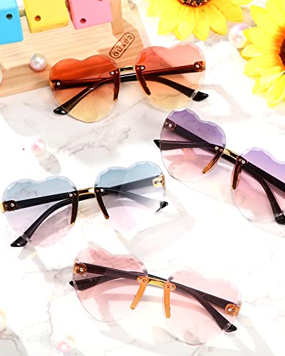 4 Pairs Kids Heart Sunglasses Heart Shaped Sun Glasses for Little Girl Rimless Clear Heart Glasses Trendy Cute Transparent Eyewear for Girls Boys Beach Holiday Festival Party Accessories, 4 Styles4
