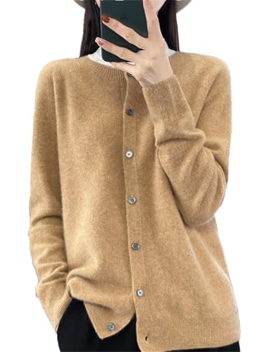 Dndrdhfb Cárdigan de lana merino para mujer, cuello redondo, manga larga, cárdigan suave para todas las estaciones, dorado, XL