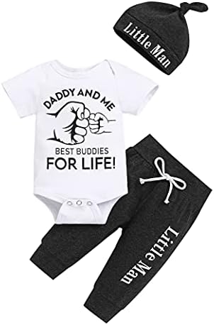 TUEMOS Baby Boy Clothes Daddy and Me The Best Buddies for Life Letter Print Romper Top+Pant with Hat Baby Boy Summer Outfits 0-3 Months