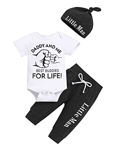 Image of TUEMOS Newborn Infant Baby Boy Clothes Letter Print Romper Pants Set Hat 3PC Outfits Set