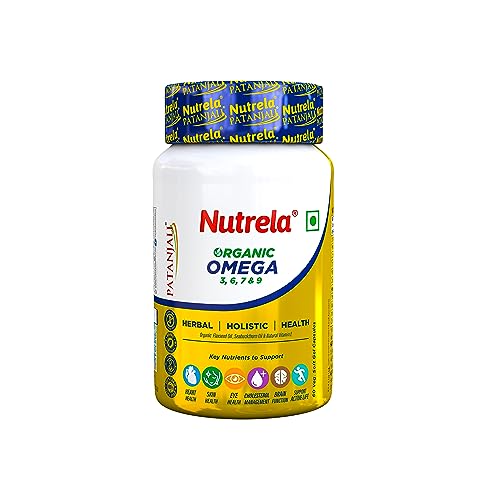 NUTRELA Patanjali Organic Omega 3 6 7 & 9 Nutrition Supplement for Muscle, Bone, Heart, Eye, Skin, Brain & Support Active Life – 60 Veg Softgel | Ideal for Men & Women | EPA 200mg & DHA 150mg NUTRELA Patanjali Organic Omega 3 6 7 & 9 Nutrition Supplement for Muscle, Bone, Heart, Eye, Skin, Brain & Support Active Life – 60 Veg Softgel | Ideal for Men & Women | EPA 200mg & DHA 150mg