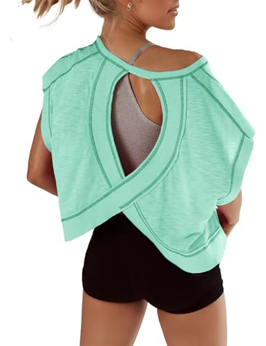 Fhniepan Open Back Tops for Women Oversized Short Sleeve Workout T Shirts Backless Y2k Athletic Crop Running Tees(Green,XL)