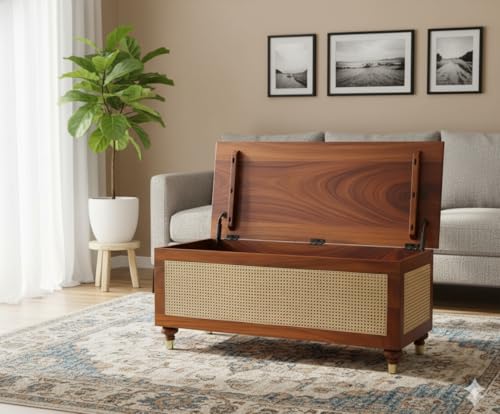 Image of MISAN Storage Boston Rattan Storage Trunk Box - Stylish & Practical Brown Wooden Chest for Home Organization | Versatile Storage Solution with Elegant Woven Design (Hony)