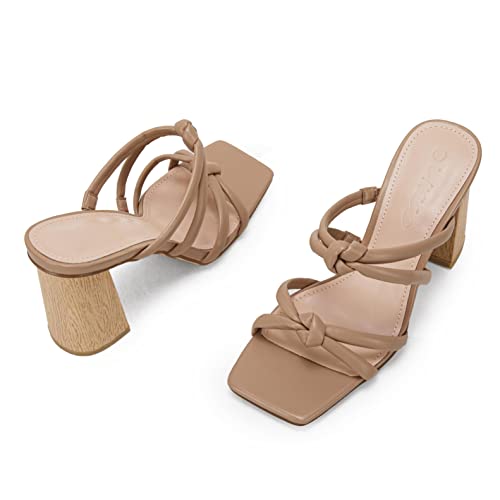 Image of LAICIGO Womens Chunky Block Heels Sandals Square Open Toe Slip on Slides | 3.5In-High Heeled Sandals, Double Knot Strap, Summer Dress Shoes, Work Casual, Vacation, Party