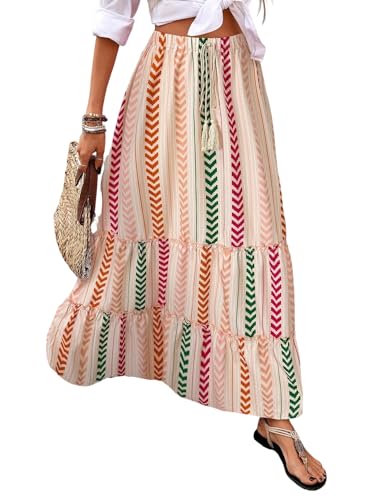 EARKOHA 2025 Women's Striped Pleated A-Line Maxi Skirt Casual Summer Boho Flowy Skirt Beach Vacation Outfits Apricot S
