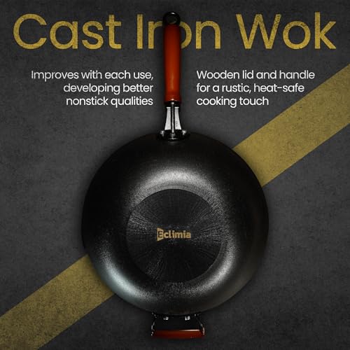 Eclimia Pre-Seasoned Cast Iron Nonstick Stir-Fry Pan | Dual Handles & 4 Spatulas | Flat Bottom Wok with Wooden Lid & Wood Handle | Traditional Chinese Induction Wok